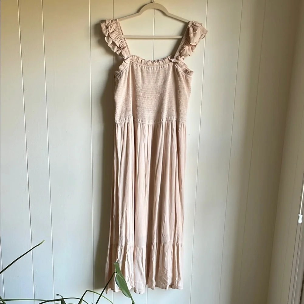 NWT Jodifl Women’s Cream Boho Cottage Core Maxi Ruffle Smocked Dress Sz 2X